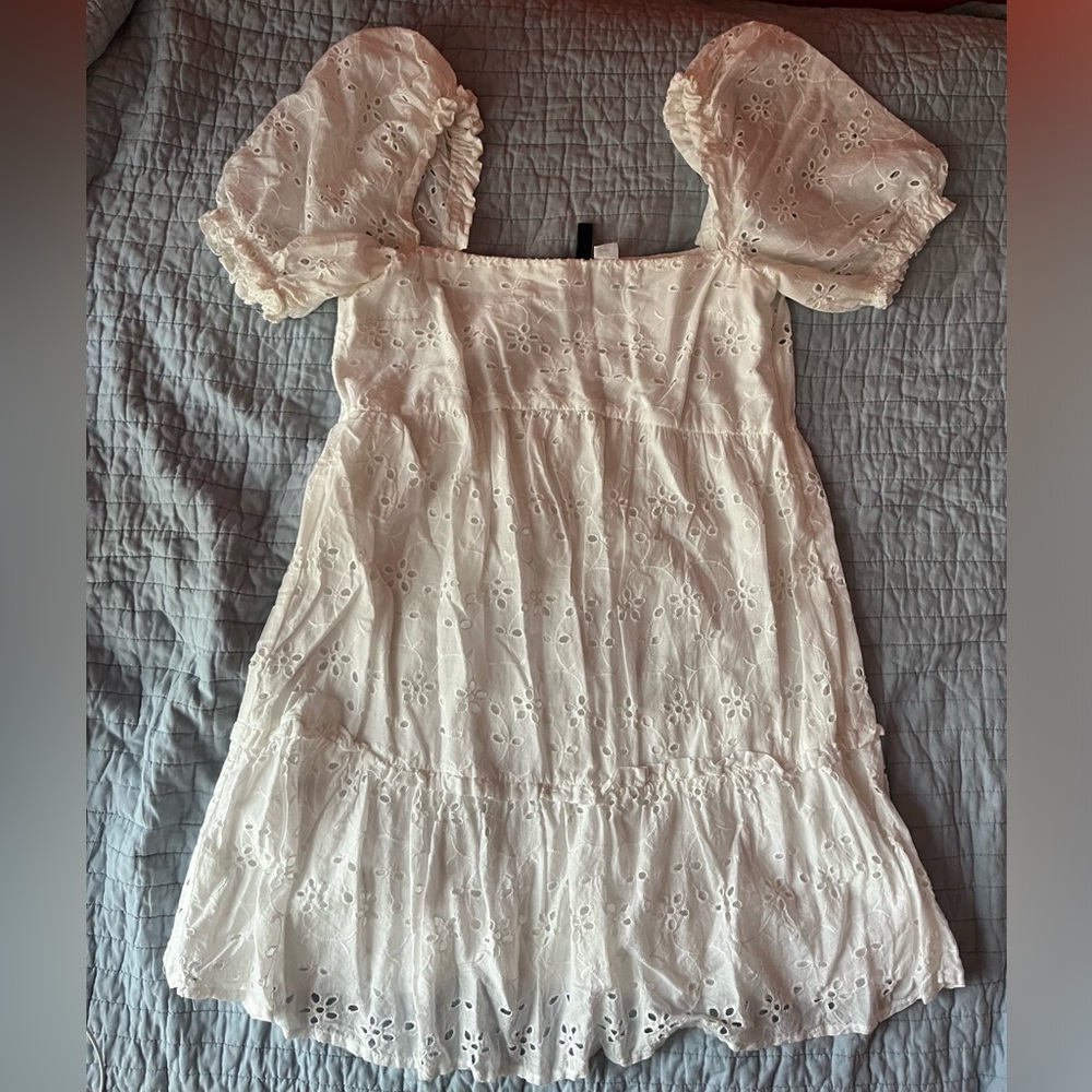 H&M Divided White Eyelet Babydoll Dress with Puff Sleeves